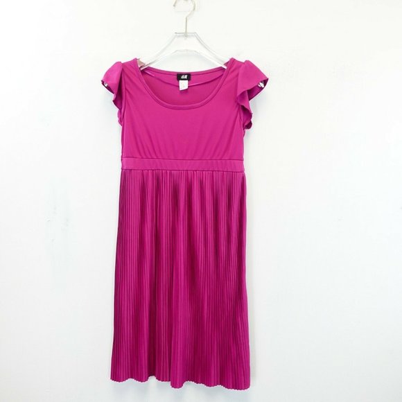 H&M Dress Junior Girl Hot Pink Midi 14Y+ Pleated‎ Ruffle Cap Sleeve Empire Waist - Picture 1 of 12